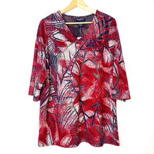 NWT Maggie Barnes Red Black Gold White Leaves Print Blouse 00X 3/4 Sleeve Top